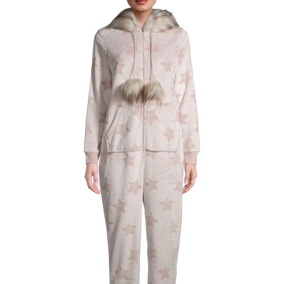 New Plush Stars Faux Fur Trimmed Union Suit. - Picture 1 of 11